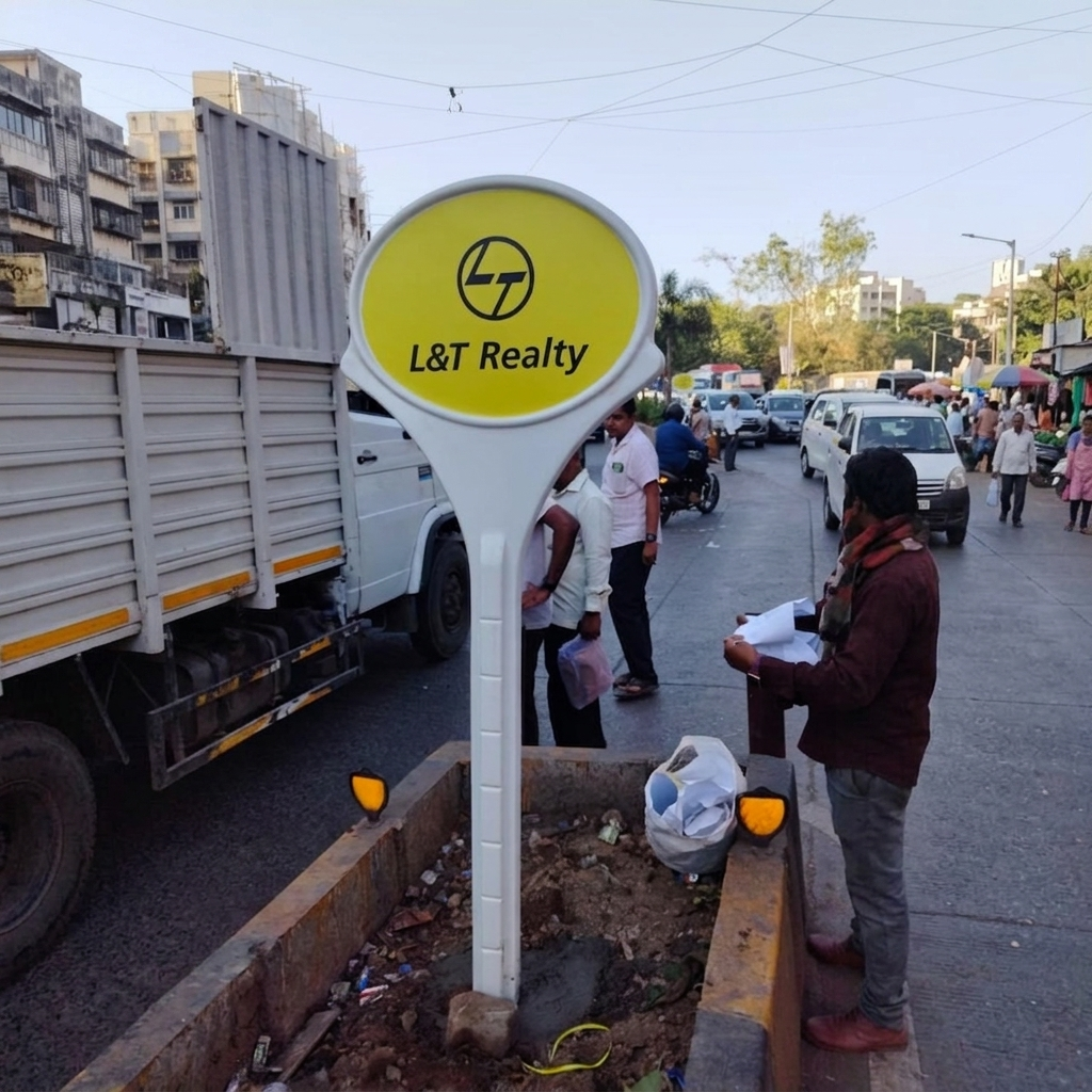FRP Lollipop Signage Board Custom branded FRP lollipop signage board with a corporate logo installed on a road