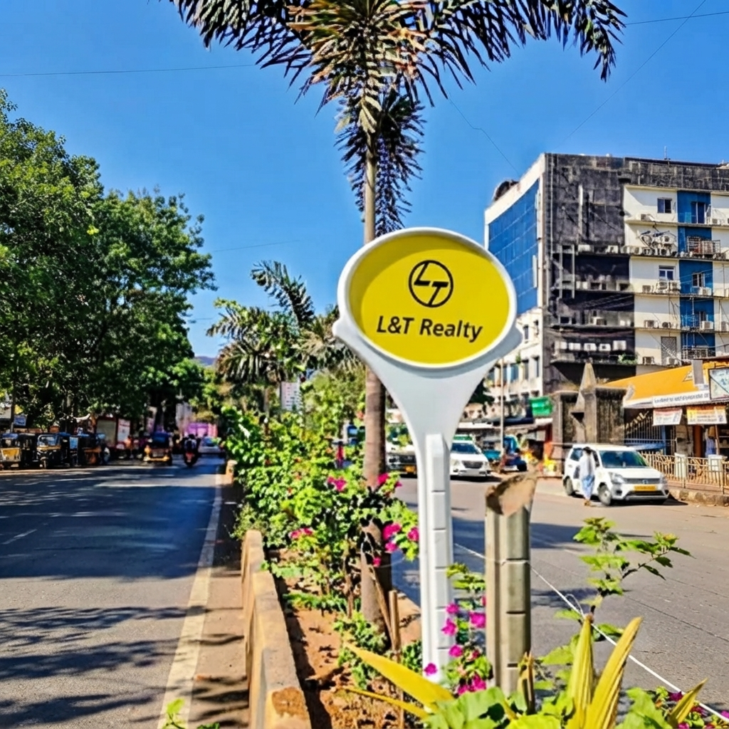 FRP Lollipop Signage Board Branded FRP lollipop signage board for L&T Realty installed on a city road divider