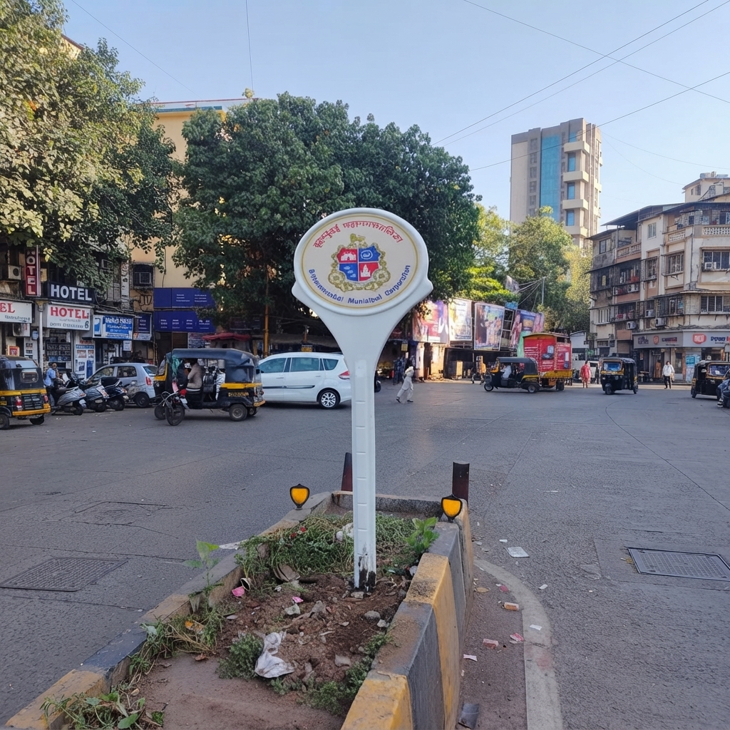 FRP Lollipop Signage Board Standard white FRP lollipop signage board installed at a city junction
