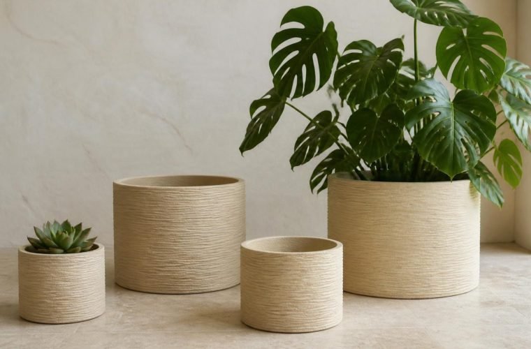 Textured round FRP planters in beige with a monstera and succulent